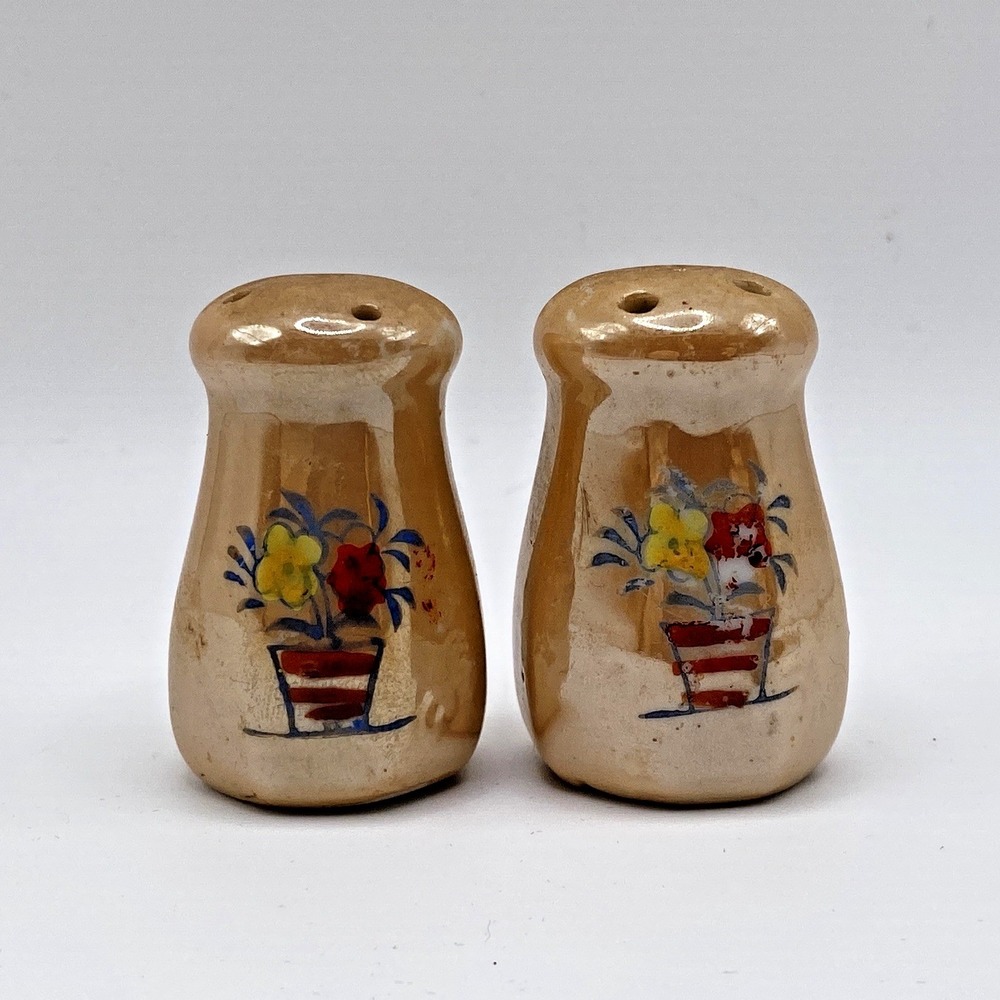 Vintage Salt Pepper Shakers Handpainted Floral Gold Peach Lusterware Japan